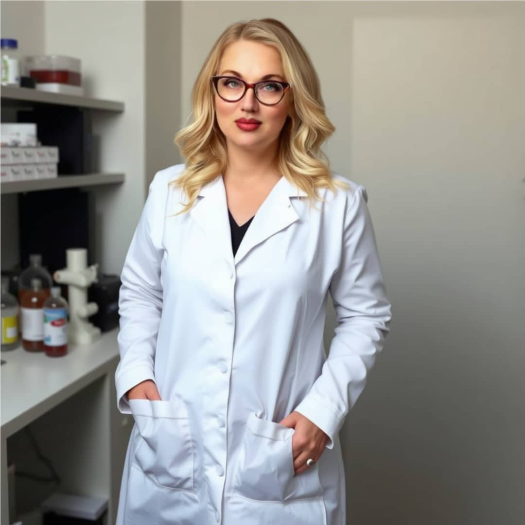 Brittany De Staedtler, osmetic Chemist standing in her lab wearing a white lab coat.