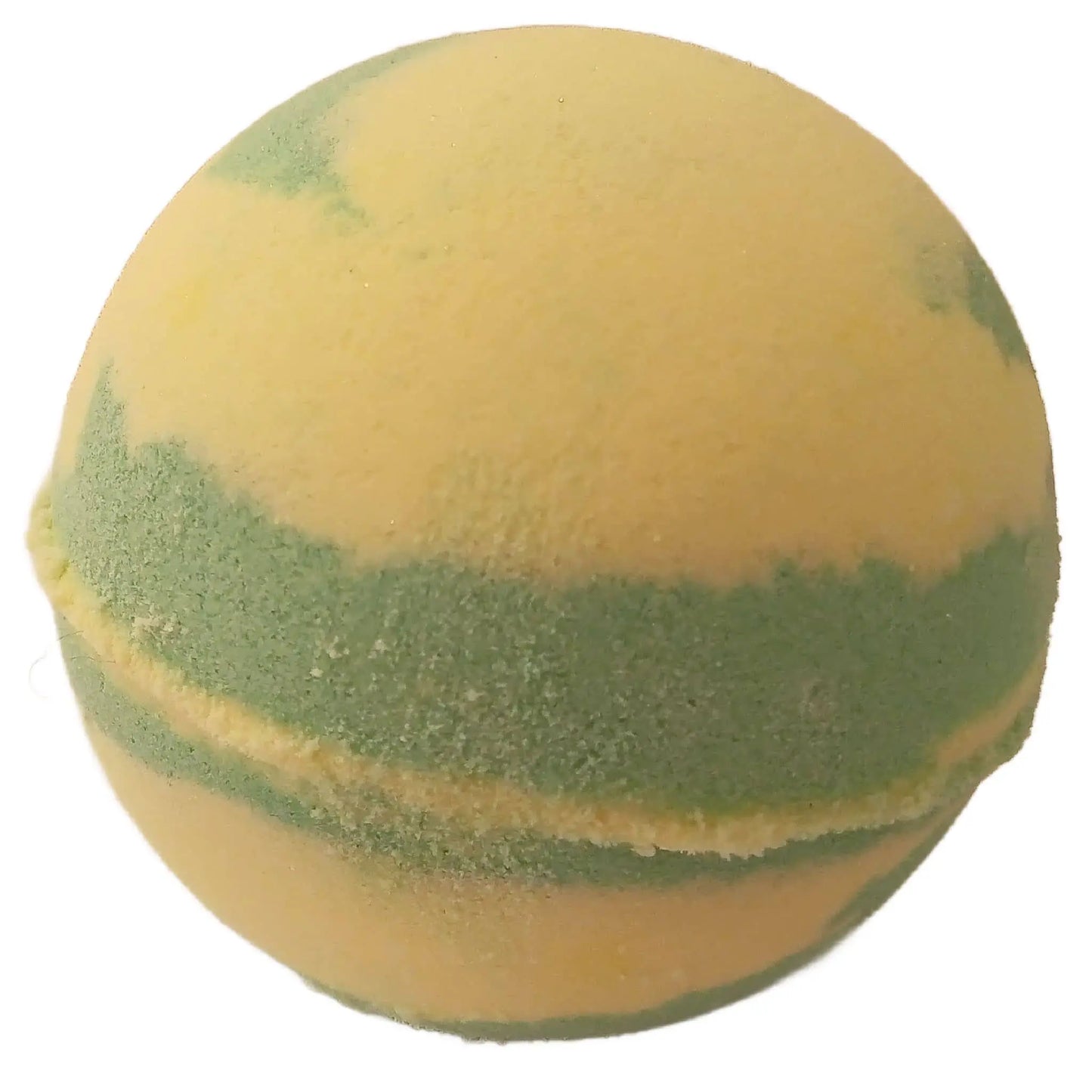 The Gooseberry & Elderflower Fizzy Bath Bomb by Posh Brats features a mottled yellow and green design, resembling a planet or marble. It exudes a refreshing scent, offering an aromatherapy escape.
