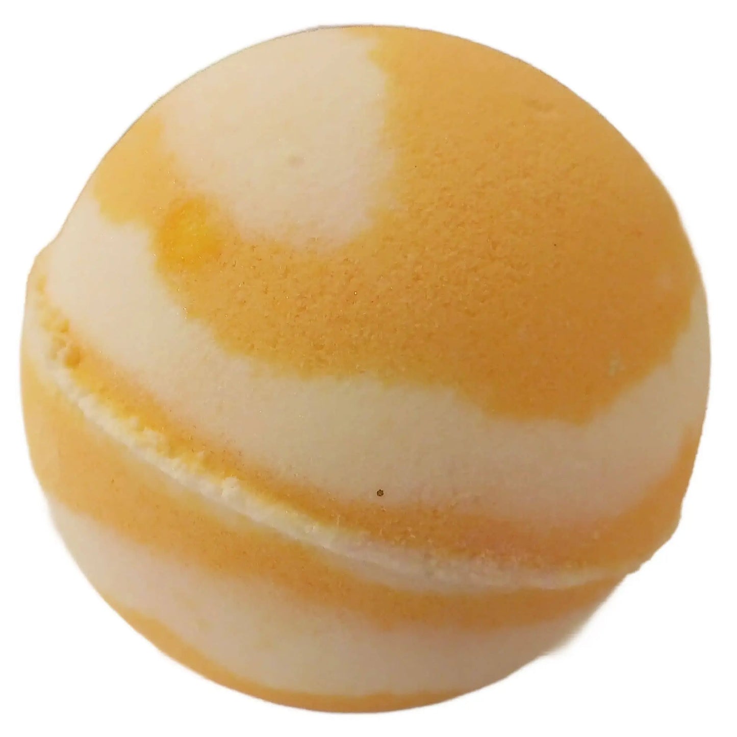 The Coconut & Pineapple Fizzy Bath Bomb by Posh Brats features a creamy, marbled pattern with swirls of white and orange. Infused with natural oils and botanical extracts, it offers a luxurious bath experience, with a matte, slightly textured surface and a horizontal seam around the middle.
