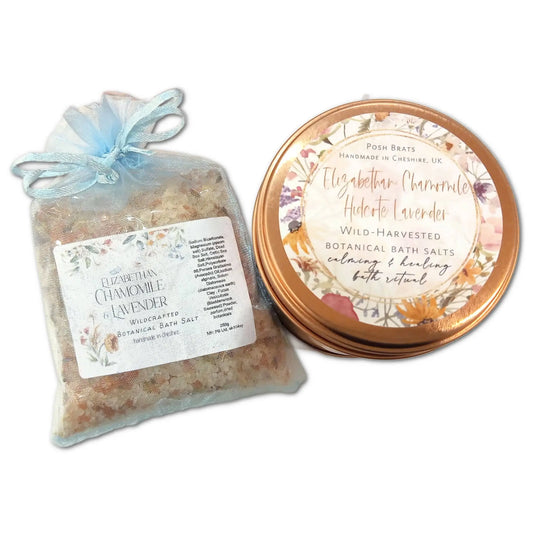 The Posh Brats Elizabethan Chamomile Lavender Botanical Bath Salt offers a luxurious bath. The bag combines Epsom and Himalayan salts, and the jars round lid features a floral design saying Elizabethan Chamomile Auderelle Lavender. Crafted in Cheshire, UK.