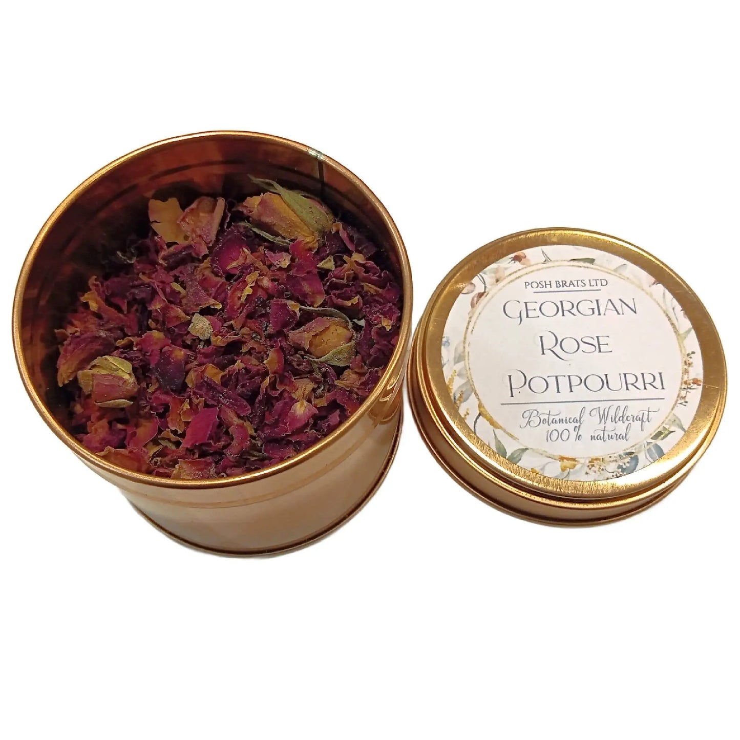 A gold tin contains vibrant dried flowers of Georgian Rose Potpourri. The lid reads Wildcraft Botanical Potpourri, Posh Brats, 100 ml net wt. and features elegant floral designs.