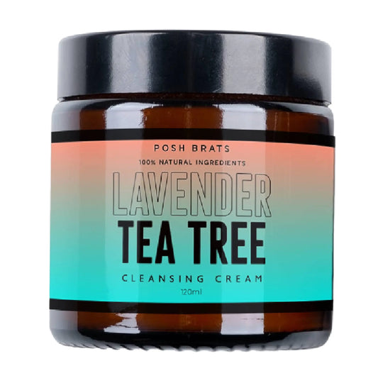 The 120ml Lavender Tea Tree Clear Skin Cleansing Cream from Posh Brats features a brown jar with an orange, blue, and green gradient label. It is vegan-friendly, contains 100% Natural Ingredients, and uses natural essential oils for a refreshing cleanse.