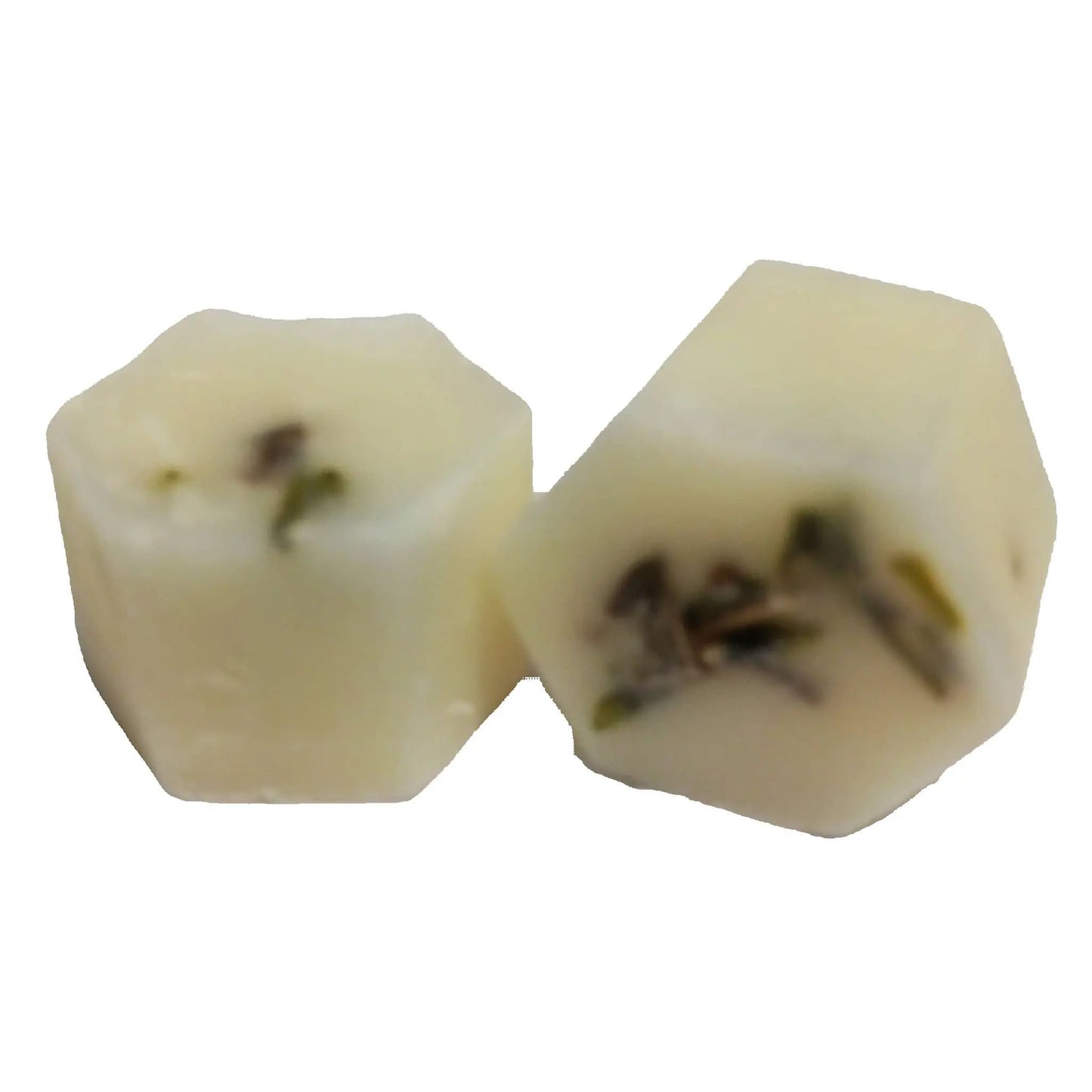 Two hexagonal white botanical butter bath melts by Posh Brats with embedded dried flowers, infused with the soothing essence of English lavender.