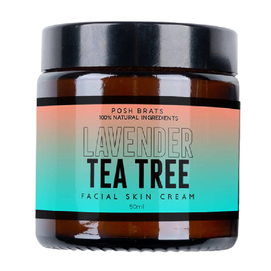 The Posh Brats Lavender Tea Tree Clear Skin Cream, 50ml features a brown jar with a black lid and a label transitioning from light blue to orange, emphasizing its 100% natural ingredients like lavender and soothing tea tree oil.