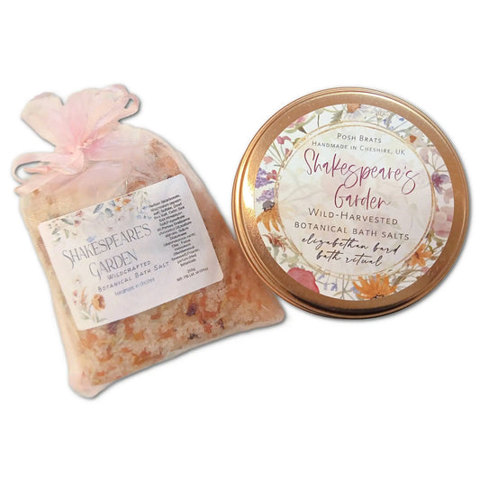 A transparent pouch and round tin lid, adorned with Shakespeares Garden and floral designs, hold Posh Brats Wildcraft Botanical Bath Salt with sweetbriar. These luxurious bath salts are handmade in Cheshire, UK.
