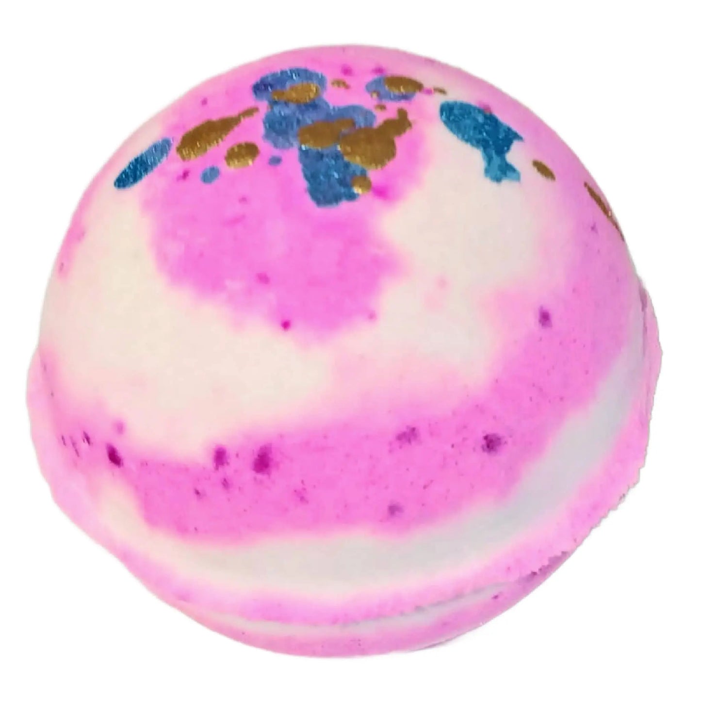 Introducing Posh Brats Sparkly Unicorn Fizzy Bath Bomb, a round bath bomb with pink, white, blue, and brown marbling. Infused with essential oils and Shea butter, it turns your bath into a magical haven of relaxation and nourishment.