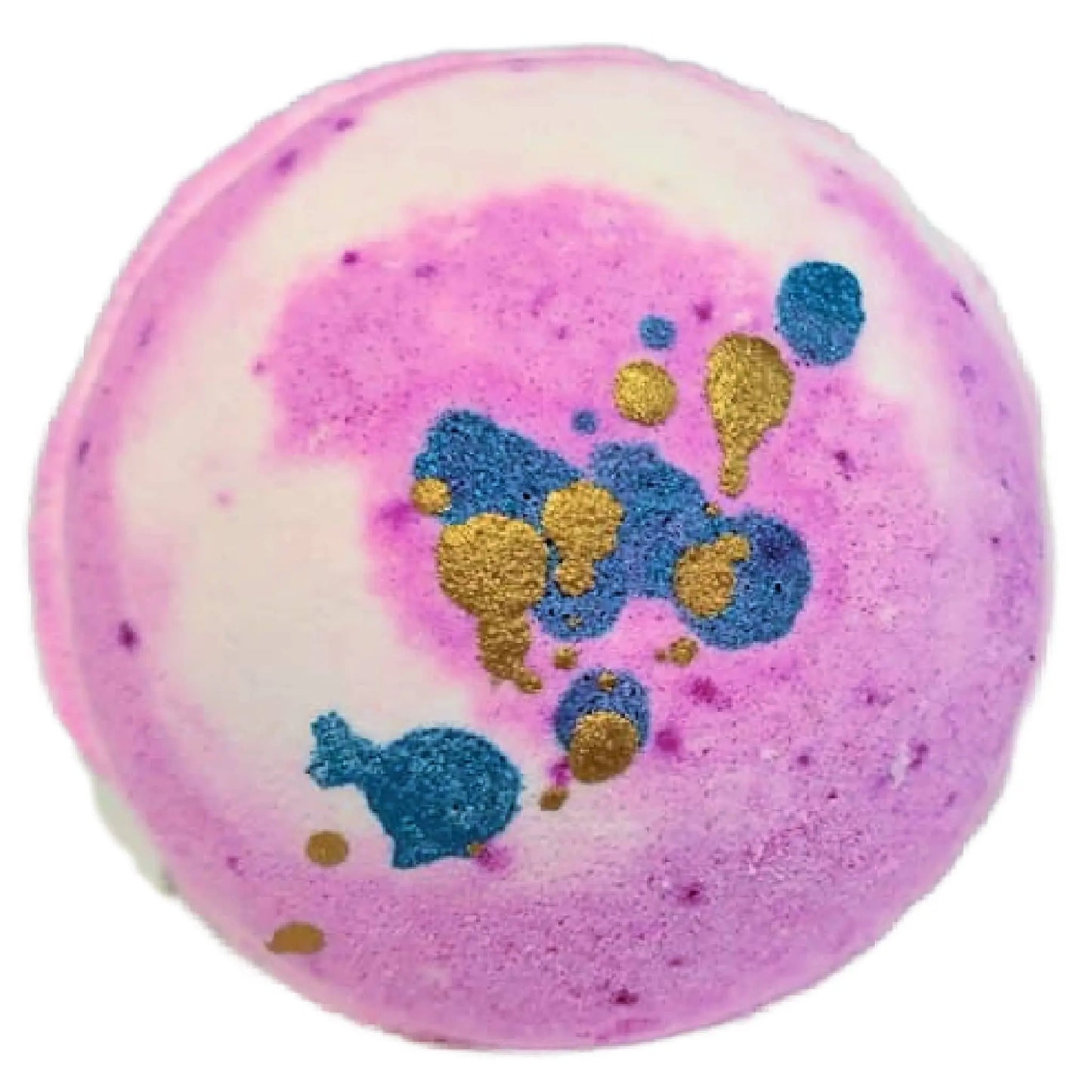 The Posh Brats Sparkly Unicorn Fizzy Bath Bomb features swirling pink, white, blue, and gold marbled colors infused with essential oils. Its artistic pattern and shea butter create a nourishing bath experience.