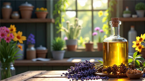 Posh Brats Lab bathed in sunshine with dried herbs.