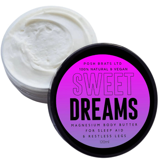 A 120ml jar of Posh Brats Sweet Dreams Magnesium Body Butter with a purple and black label. Its a 100% natural, vegan white cream, designed to enhance sleep and relieve restless legs for relaxation and deep sleep.