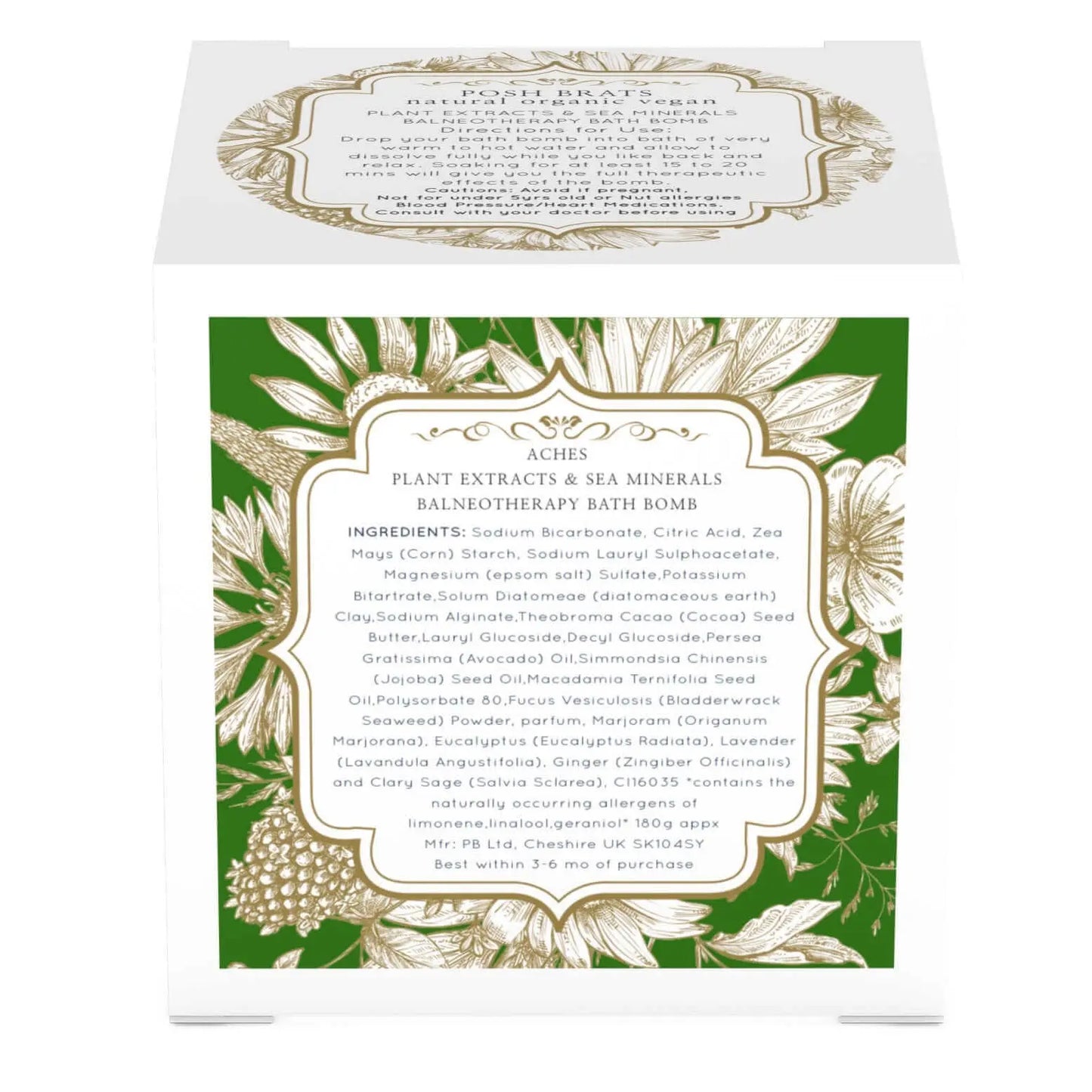A white box with green and gold floral designs contains the Aches Aromatherapy Bath Bomb by Posh Brats, featuring sodium bicarbonate, citric acid, and essential oils for soothing muscle relief.