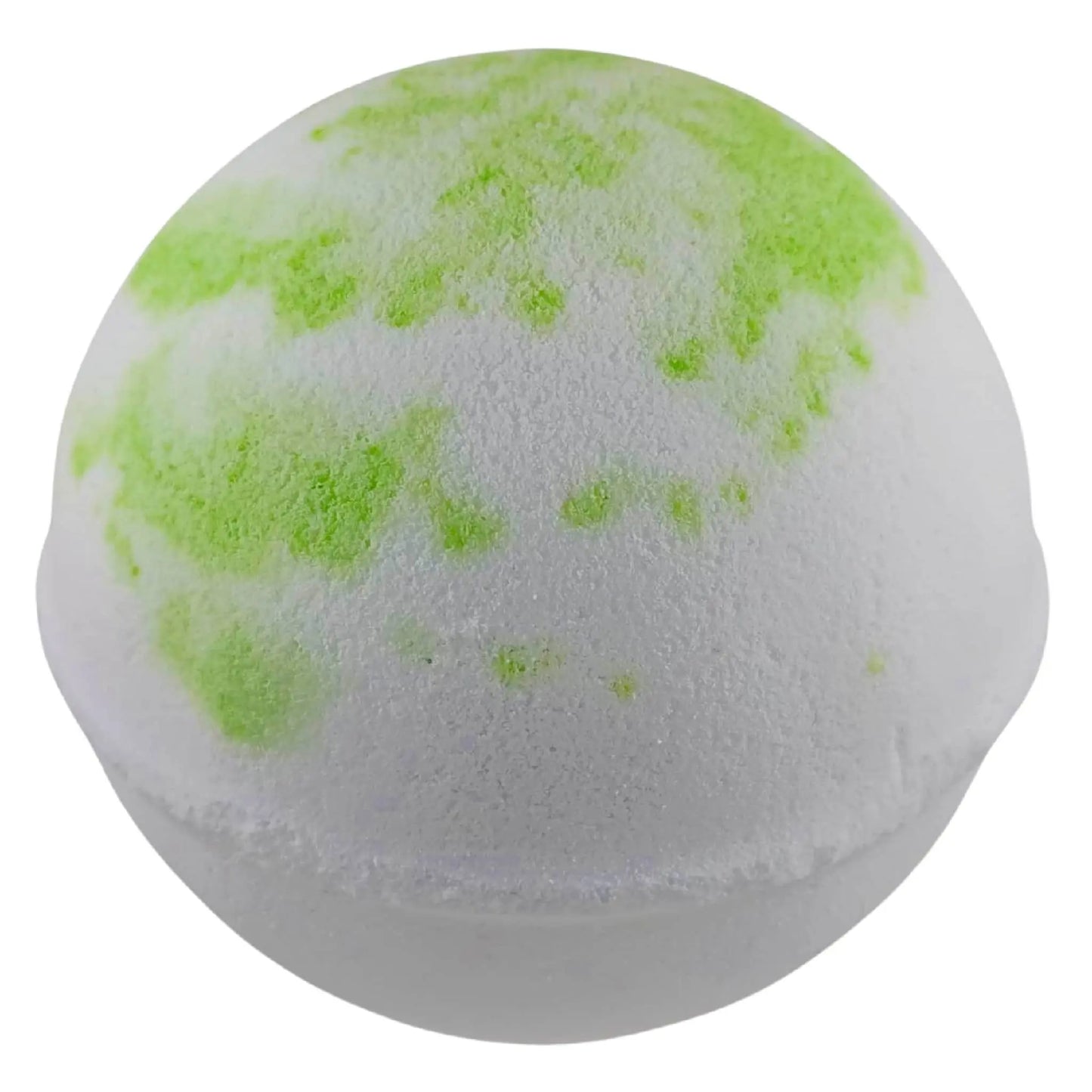 The round, white Aches Aromatherapy Bath Bomb by Posh Brats has bright green splotches and offers a powdery smooth texture. Infused with essential oils, it transforms your bath into a serene escape, providing soothing muscle relief for ultimate relaxation.