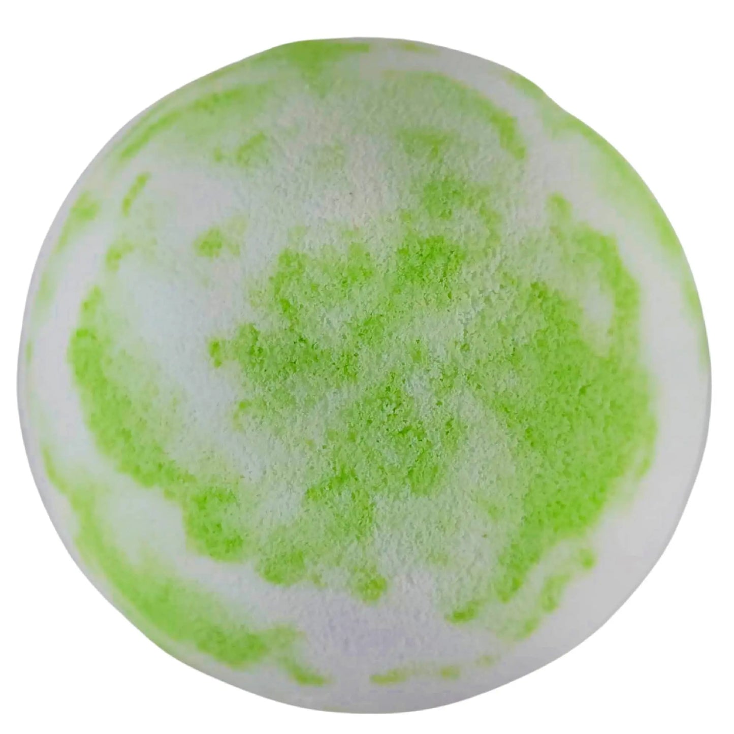 The Aches Aromatherapy Bath Bomb by Posh Brats is round and flat like a macaron with a white and bright green marbled surface. It has a soft, fluffy texture, and its cloud-like appearance comes from the unevenly distributed green areas.