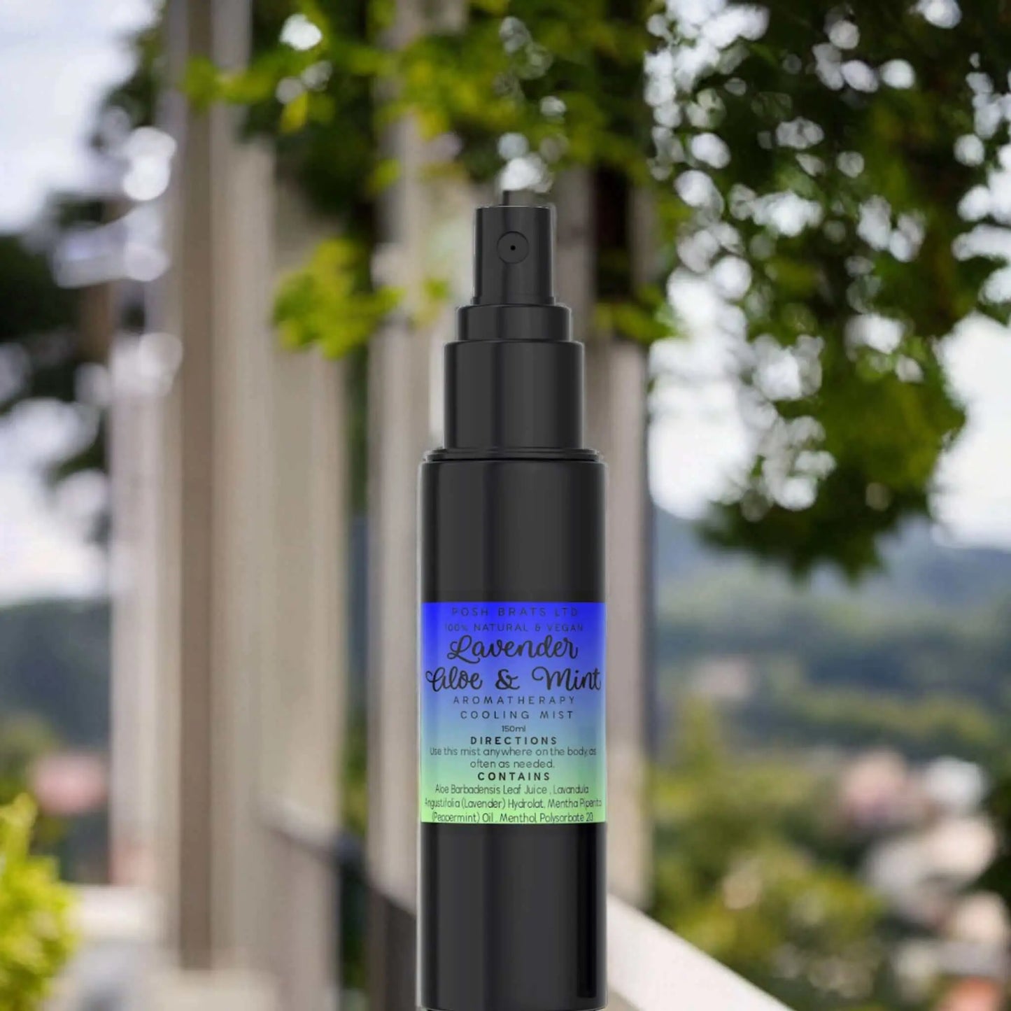 A Lavender Aloe Vera Mint Aromatherapy Cooling Mist from Posh Brats stands out in black against a blurred outdoor backdrop of lush greenery and a railing, offering invigorating hydration with soothing aloe vera.