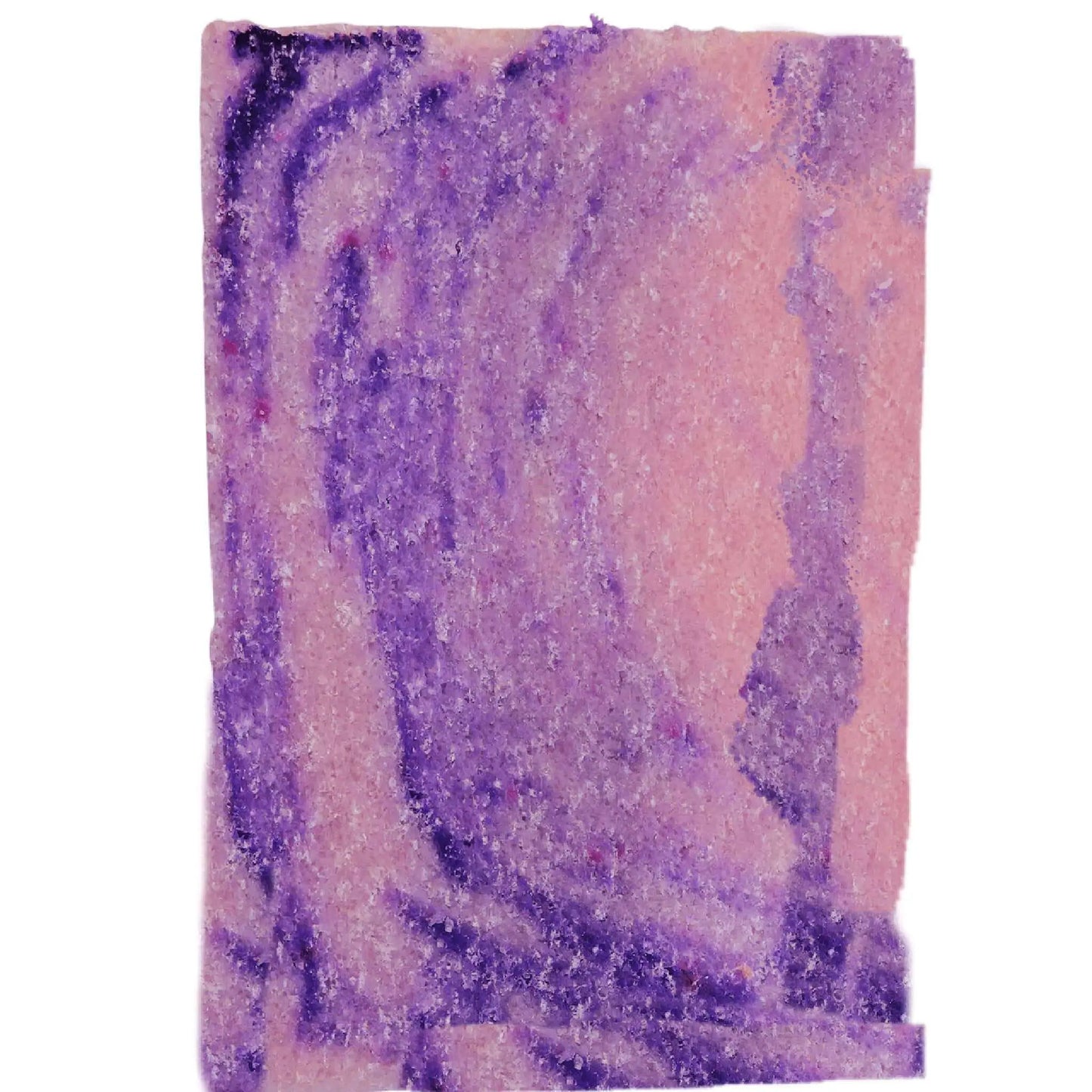 A swirling abstract image in purple shades on a pink textured backdrop, with marbled effects and a glittery look, evokes the calming aura of Posh Brats Berry Comforting Sugar Scrub Bar.
