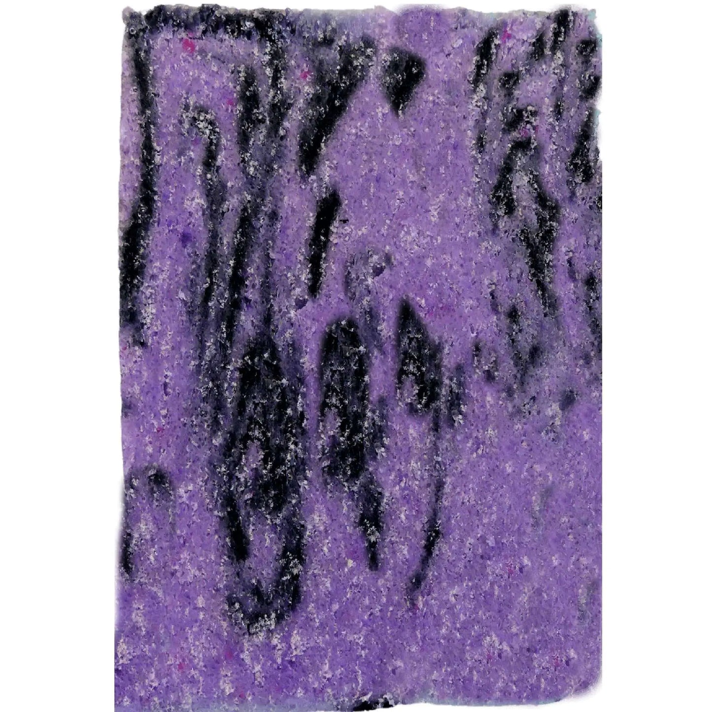 Close-up of a textured surface with a purple base, reminiscent of Posh Brats Black Pearl Sugar Scrub Bar. Black, irregular vertical streaks marbling the grainy texture evoke fabric or rough-painted material, capturing the essence of vegan exfoliating scrubs.