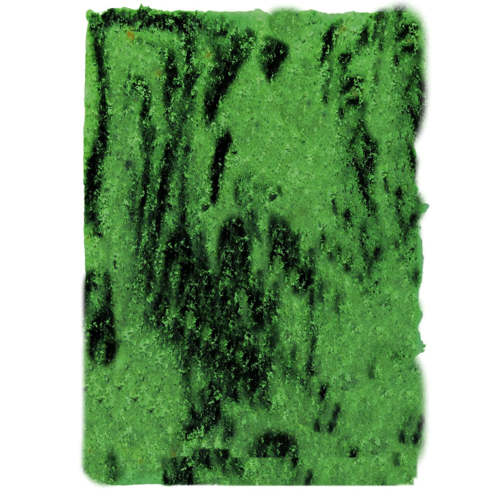 A close-up of a rectangular, vibrant green textured surface with dark streaks and patches resembles the lush hues of Scottish botanicals or a Mystic Caledonian Forest Sugar Scrub Bar by Posh Brats.