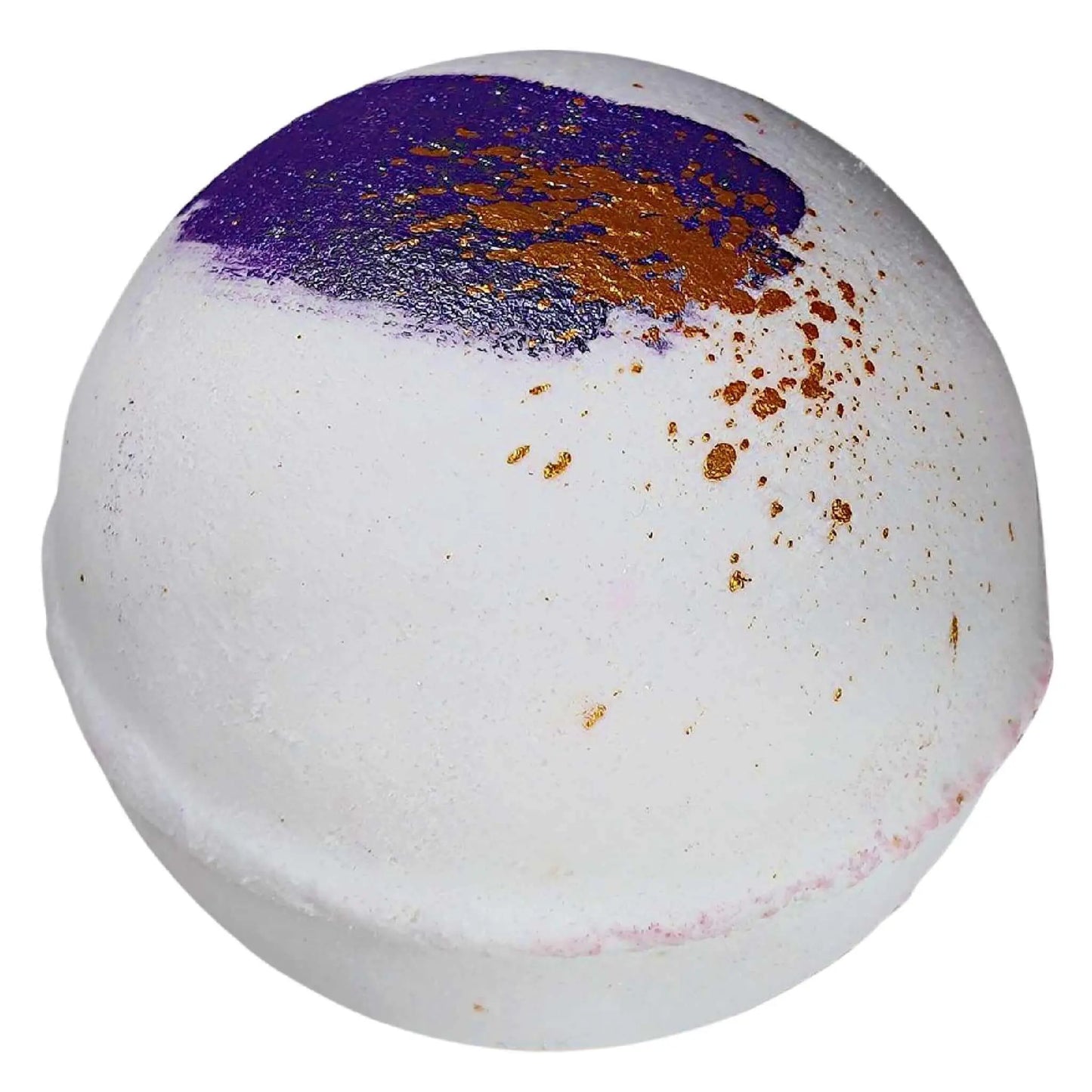 The Clear Skin Collagen Bath Bomb by Posh Brats is a spherical, white bath bomb with a purple and brown sprinkle-like texture on top, designed for clear, radiant skin.