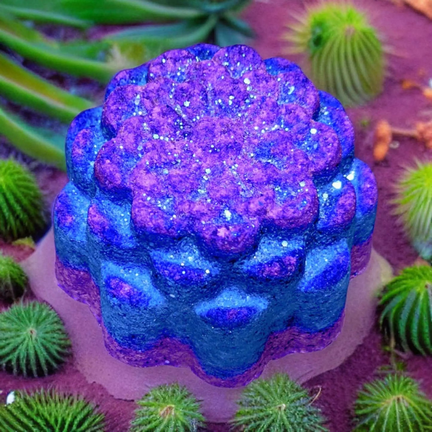 The Desert Spa Fizzy Bath Bomb by Posh Brats is a vibrant purple and blue cake with a geometric floral design on a pink base, surrounded by small green cacti on reddish-brown sand, resembling a luxury accessory that sparkles beautifully.