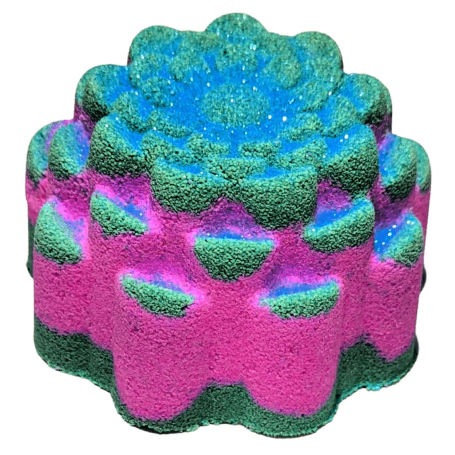 The vegan-friendly Hedgerow Fizzy Bath Bomb by Posh Brats is a vibrant, flower-shaped delight with a textured surface. Its top features blue and green speckles, transitioning to purple and green on the sides, resembling petal layers infused with essential oils for a refreshing experience.