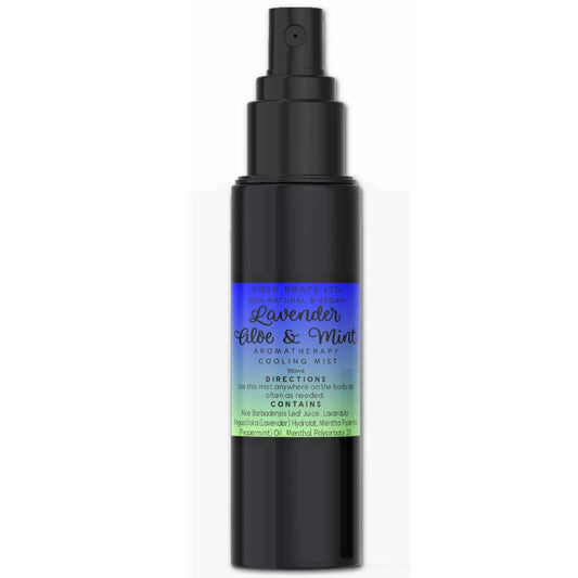 The Posh Brats Lavender Aloe Vera Mint Aromatherapy Cooling Mist boasts a sleek black spray bottle with a blue-to-green gradient label. It promises invigorating hydration, with soothing aloe vera and mint offering cooling aromatherapy. Instructions and ingredients are detailed on the label.