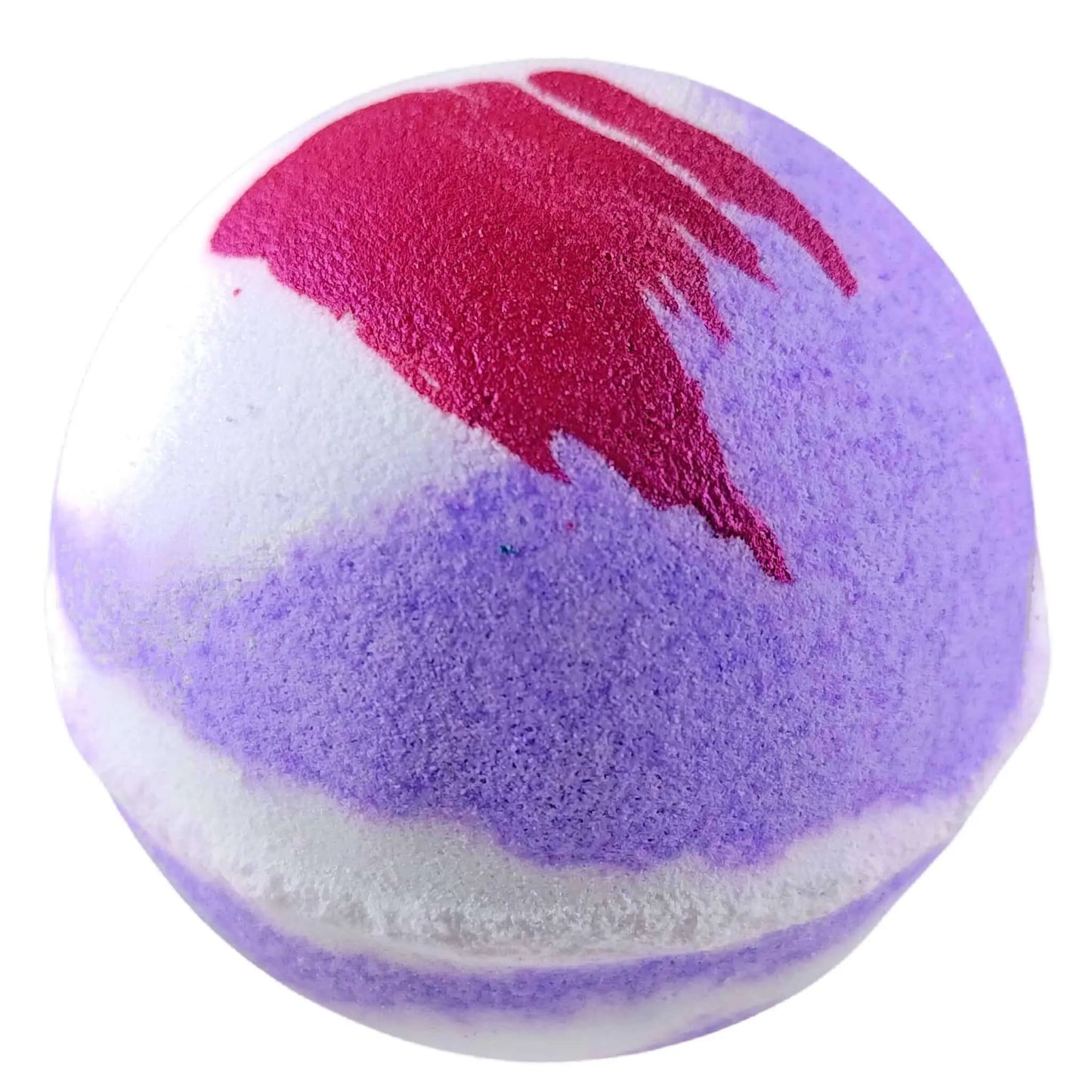 The Luxury Lavender Fizzy Bath Bomb by Posh Brats features a swirling design in purple, white, and red. Infused with lavender fragrance, it boasts vibrant colors for a soothing spa experience.