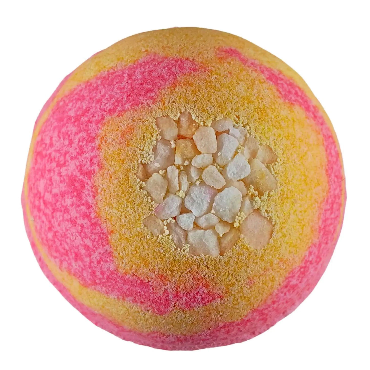 The Mango Margarita Fizzy Bath Bomb by Posh Brats features swirling pink and yellow colors, reminiscent of a tropical paradise, with a core of coarse, translucent crystals and a hint of mango margarita. Its grainy texture enhances its handmade feel.