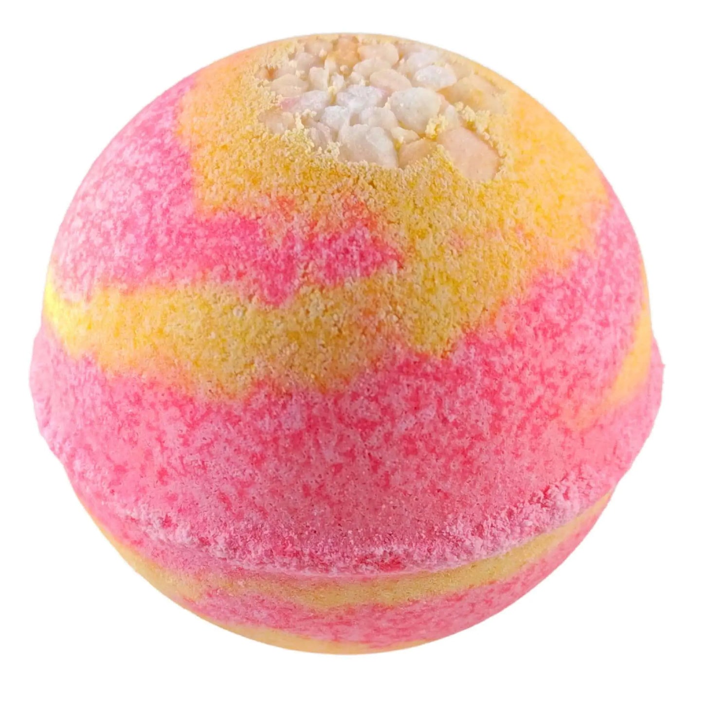 The Mango Margarita Fizzy Bath Bomb by Posh Brats swirls vibrant pink and yellow, topped with white pebble-like textures, delivering a Tropical Paradise experience with every soak.