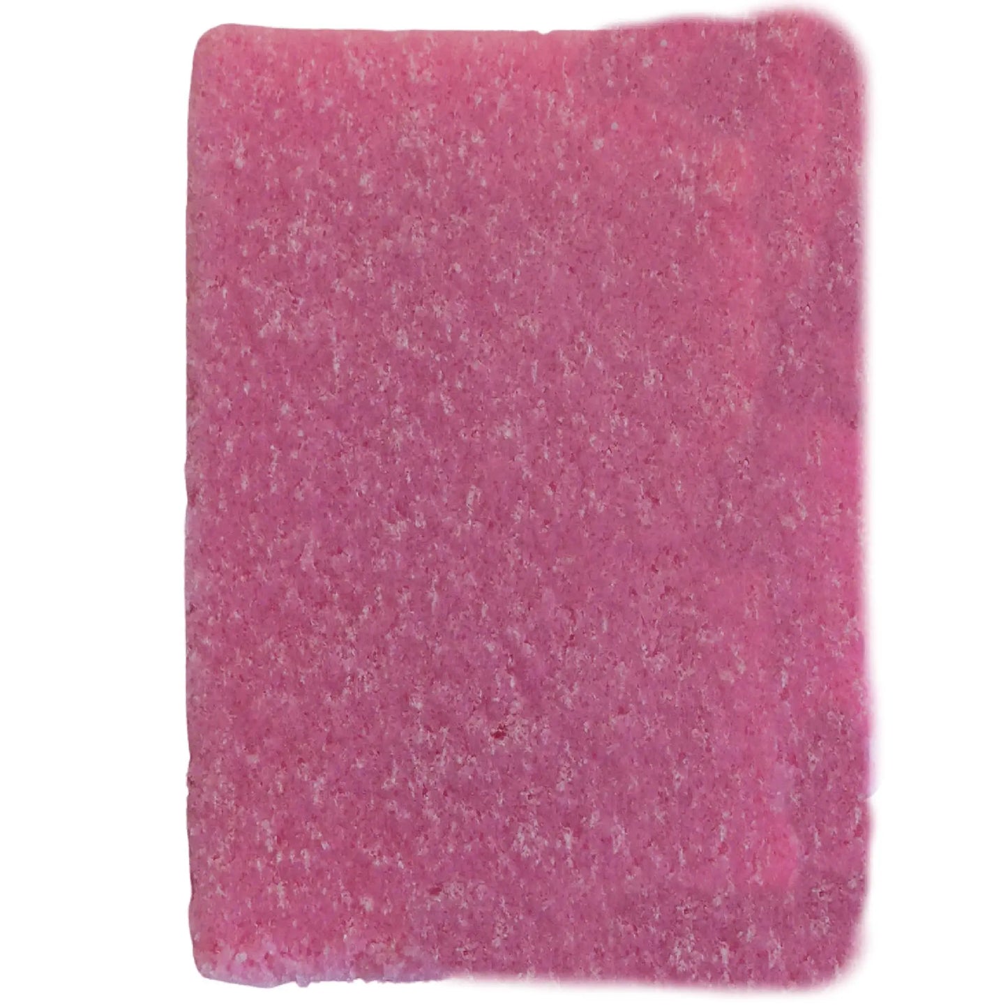 The Posh Brats Marshmallow Magic Sugar Scrub Bar features a textured pink square with a speckled, rough surface. Its consistent pink shade has subtle variants for a mottled look. Slightly uneven edges give it a handmade feel, promising an exfoliating experience.