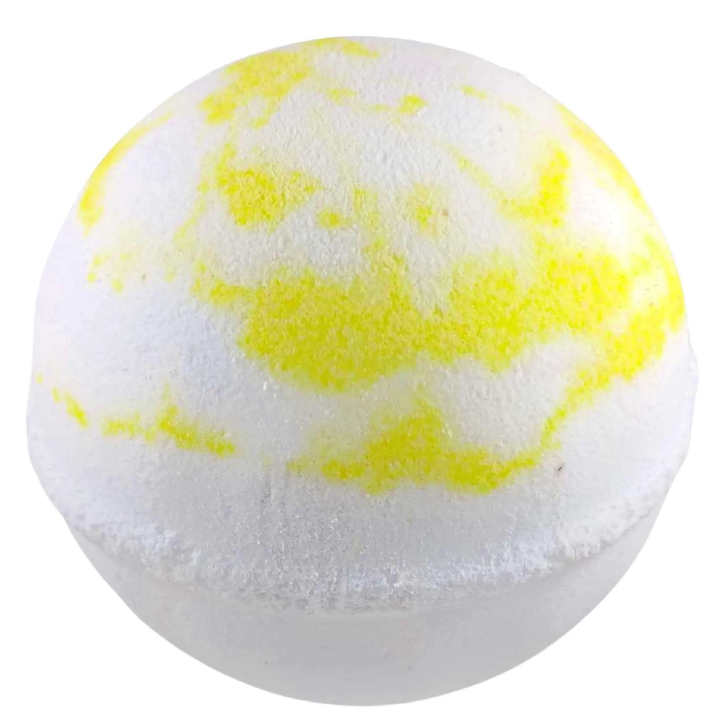 The Posh Brats Meditation Aromatherapy Bath Bomb, a white sphere with irregular yellow patches reminiscent of a planet, offers a unique relaxation experience. Infused with essential oils, it turns your bath into an aromatherapy meditation session, featuring soft and slightly textured surfaces.