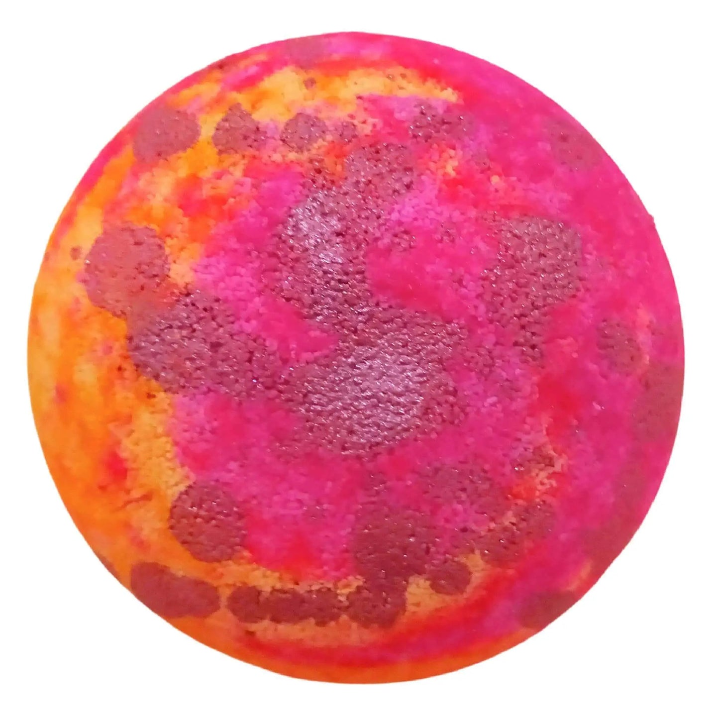 The Monkey Farts Fizzy Bath Bomb by Posh Brats is a colorful, planet-like sphere with a textured surface and vibrant patches of pink, orange, and purple.