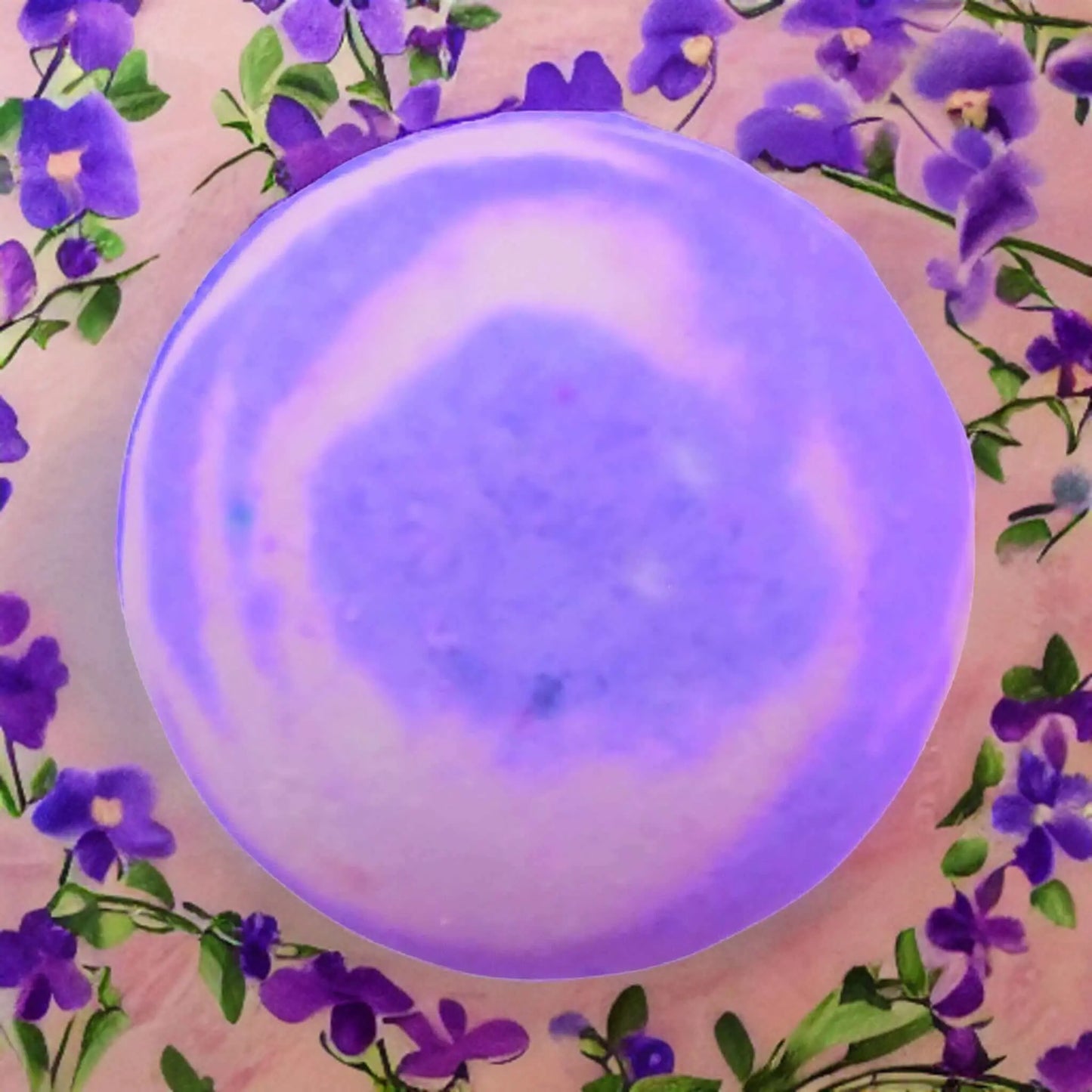 The Victorian Parma Violet Fizzy Bath Bomb by Posh Brats features a round, purple and white marbled design like a Victorian parlor surrounded by small purple flowers, reminiscent of a delightful floral fragrance. Its glossy surface makes it the centerpiece of any bath time ritual.