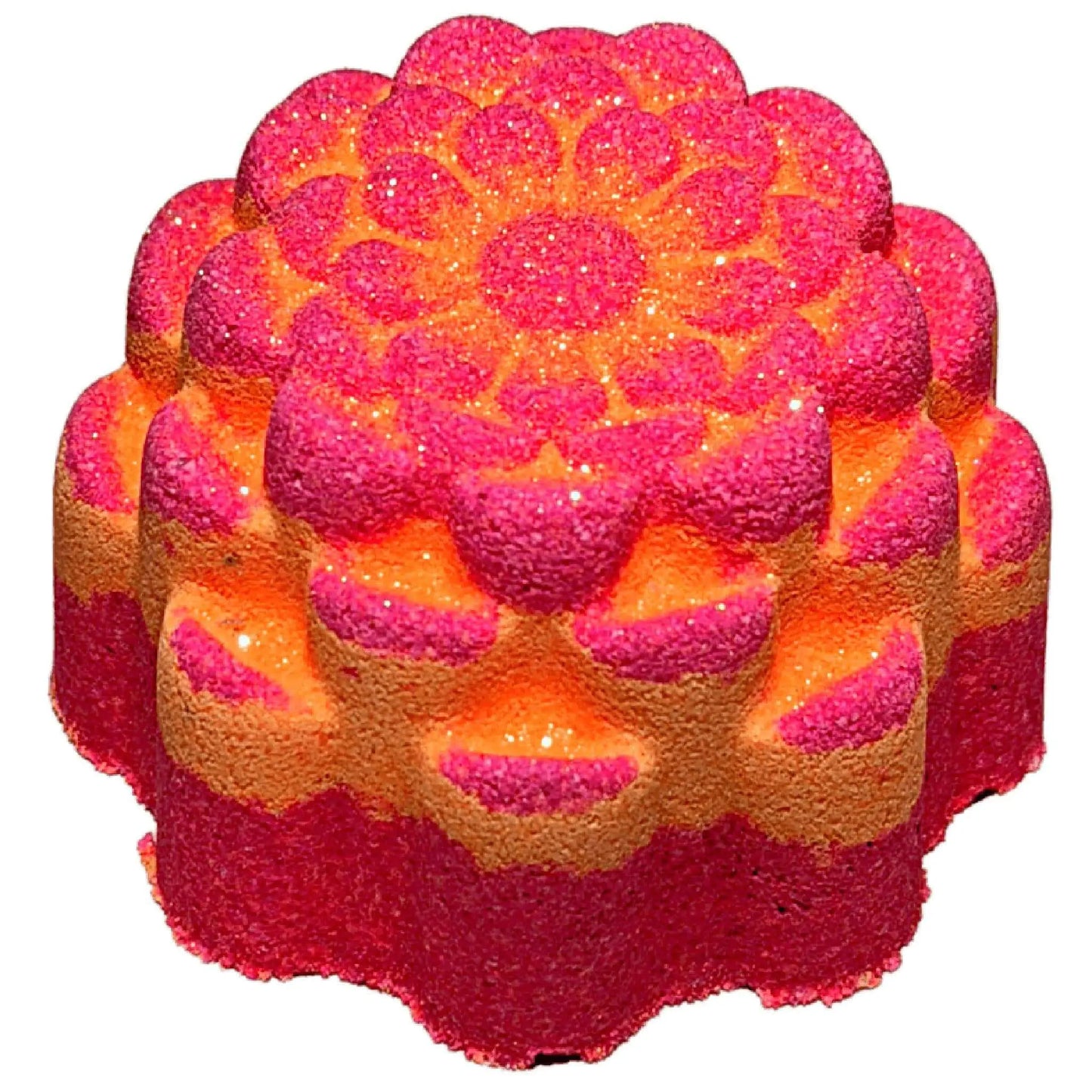 The Posh Brats Passion Potion Fizzy Bath Bomb is a flower-shaped, colorful delight with pink and orange hues, sparkly glitter finish, and nourishing ingredients for a sensory indulgence.