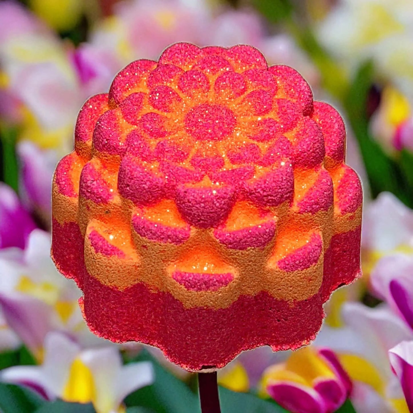 A pink and orange flower-shaped lollipop pops against a blurred backdrop of yellow, white, and purple flowers, echoing the soothing charm of Posh Brats Passion Potion Fizzy Bath Bomb, crafting a colorful, whimsical therapeutic escape.
