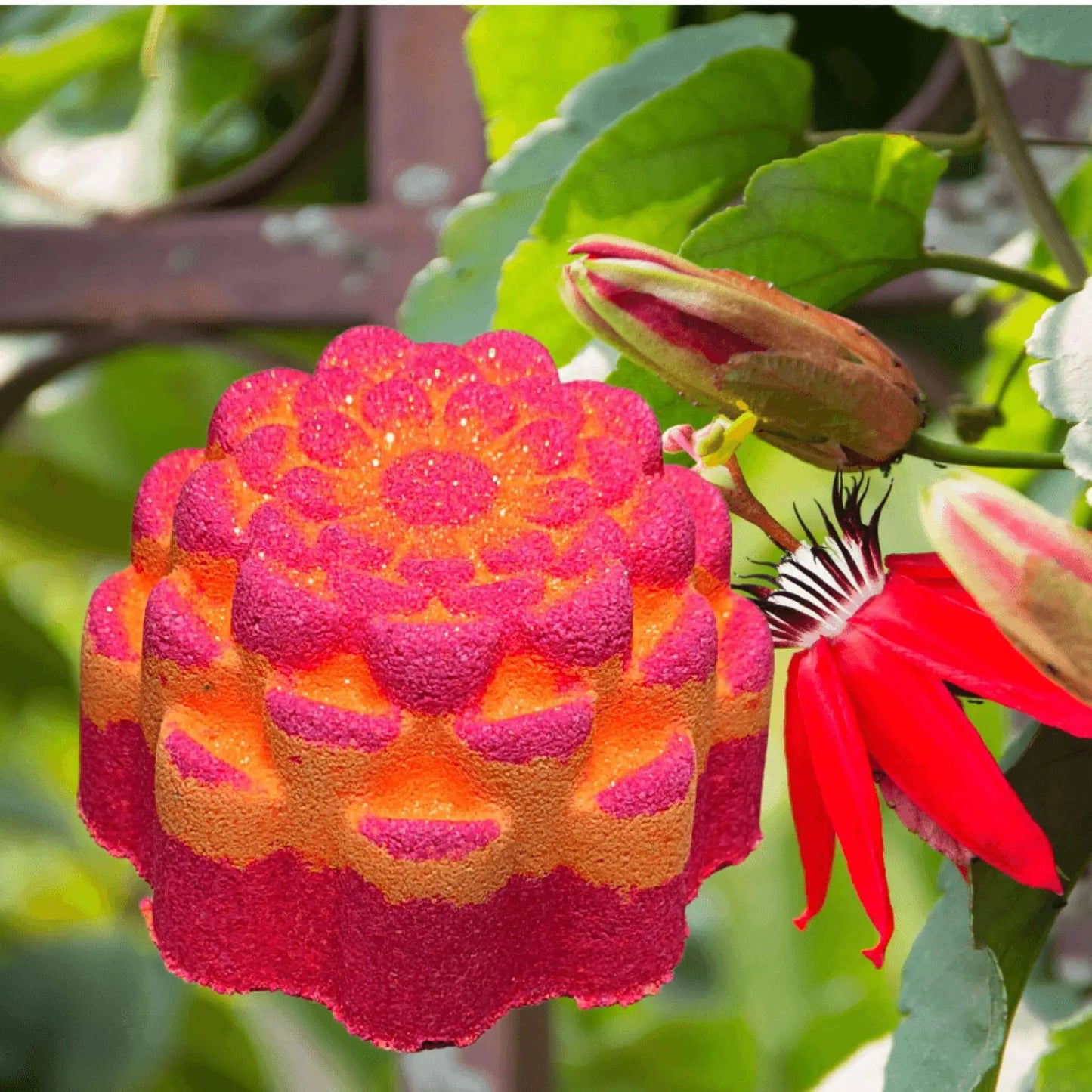 A vibrant pink and orange flower-shaped cake beside a blooming red passionflower and its unopened bud, surrounded by lush greenery and a metal trellis, captures the therapeutic essence of Posh Brats Passion Potion Fizzy Bath Bomb.
