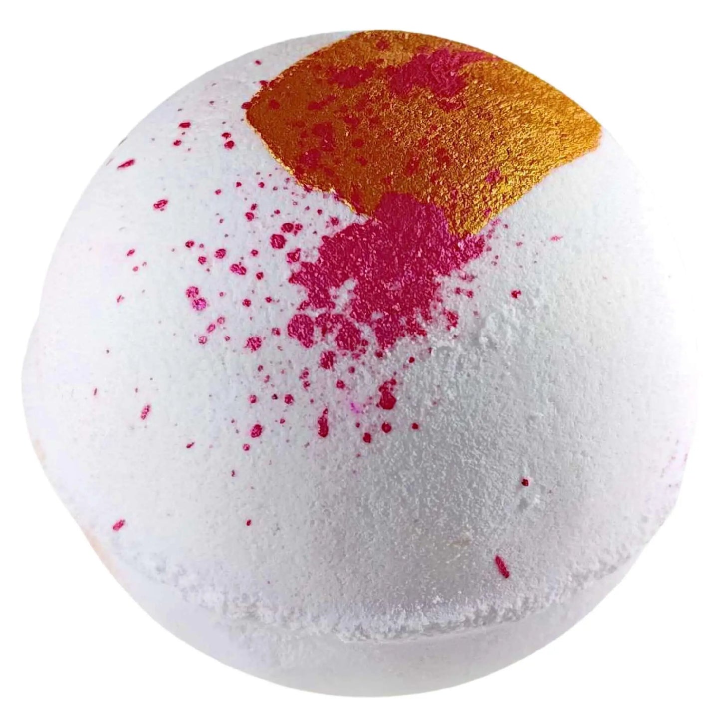 The Rose Gold Collagen Aromatherapy Bath Bomb by Posh Brats is round and white, adorned with splashes of pink and gold. The vibrant patches create an artistic look, offering a luxurious aromatherapy experience against its smooth backdrop.