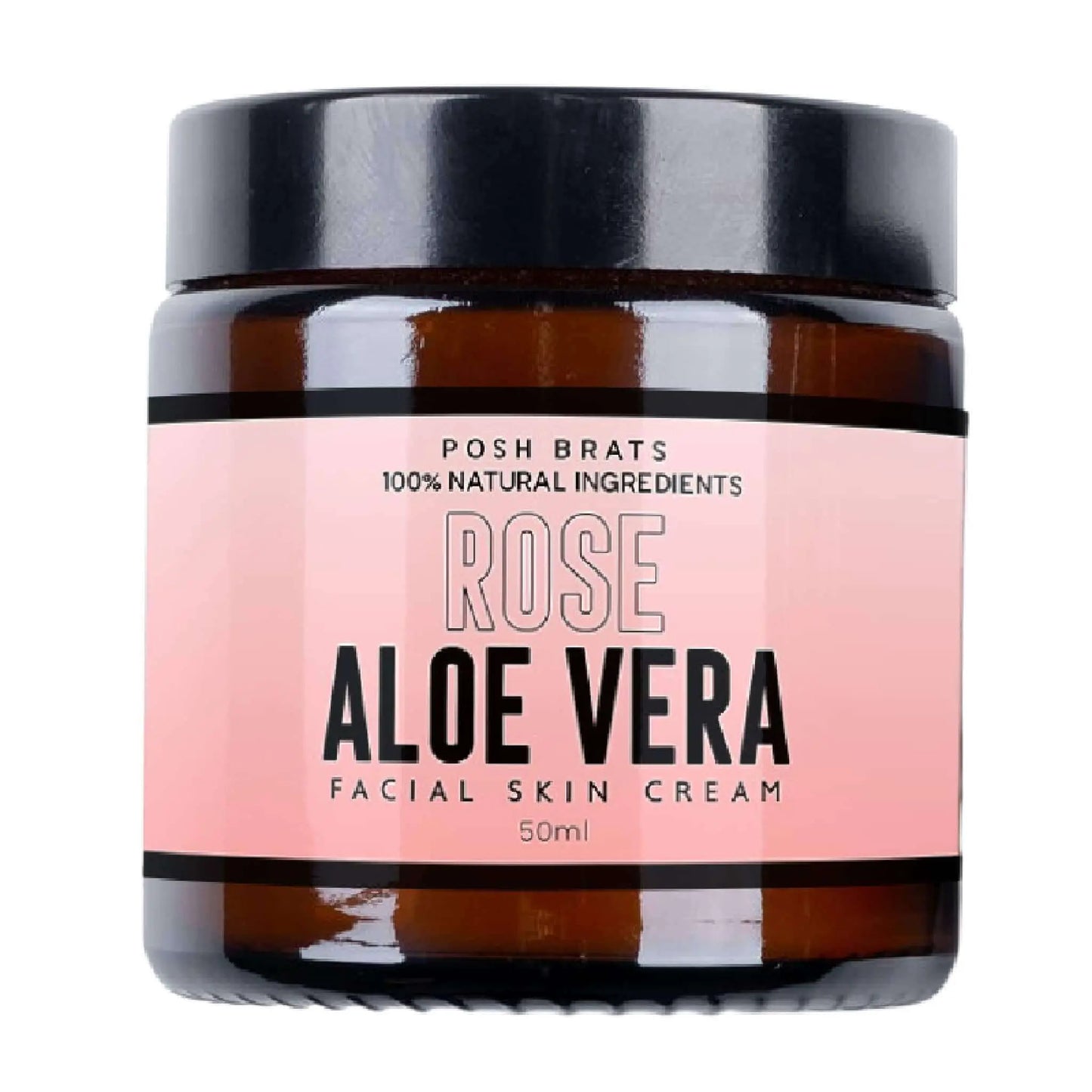 Posh Brats Rose Aloe Vera Skin Cream (50ml) in a brown jar with a pink label and black text offers a radiant complexion. Its 100% natural formula has anti-inflammatory properties, and the sleek black lid elegantly contrasts with the pastel design.