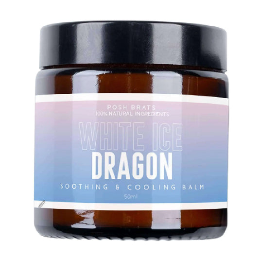 A 50ml jar of Posh Brats White Dragon Ice Aromatherapy Cooling Balm with a black lid features a gradient blue and white label, emphasizing its 100% natural ingredients for a cooling, soothing experience.