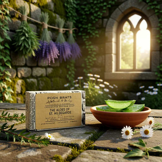 Bar of soap with packaging on a stone surface outdoors, surrounded by plants and flowers.