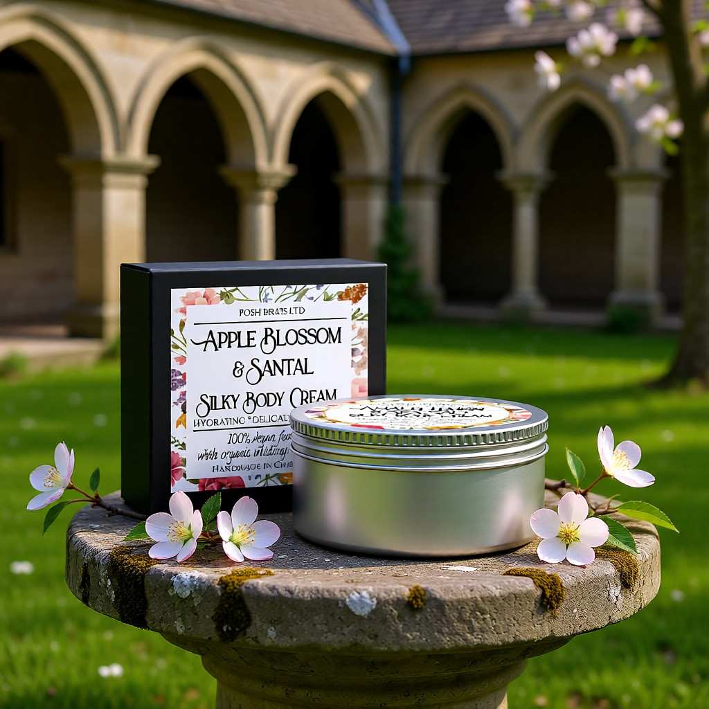 Silky body cream with packaging on a stone pedestal outdoors