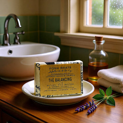 Bar of soap on a plate with a bottle and towel in the background, likely in a bathroom setting.