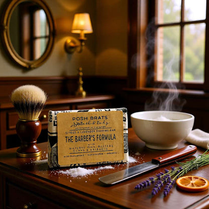 Barber's Formula shaving soap on a wooden table with a brush and other items.