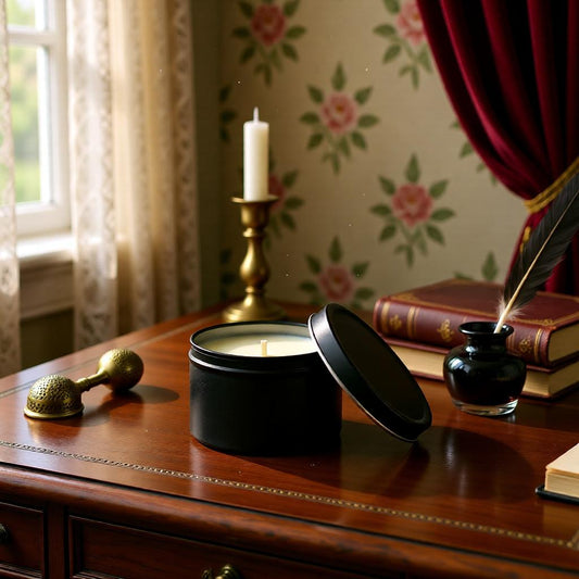 Black candle in a tin on a wooden surface with a feather quill and books in the background.