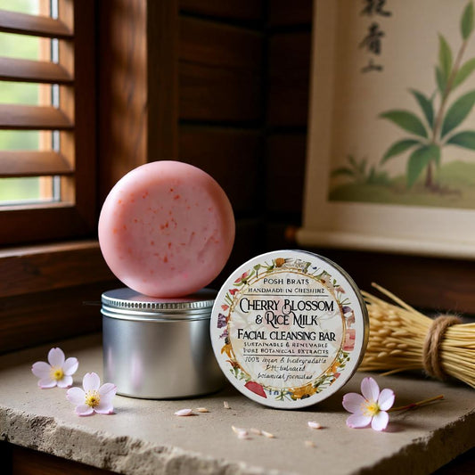 Pink facial cleansing bar with a round container and 'Cherry Blossom & Rice Milk' label on a stone surface with flowers.