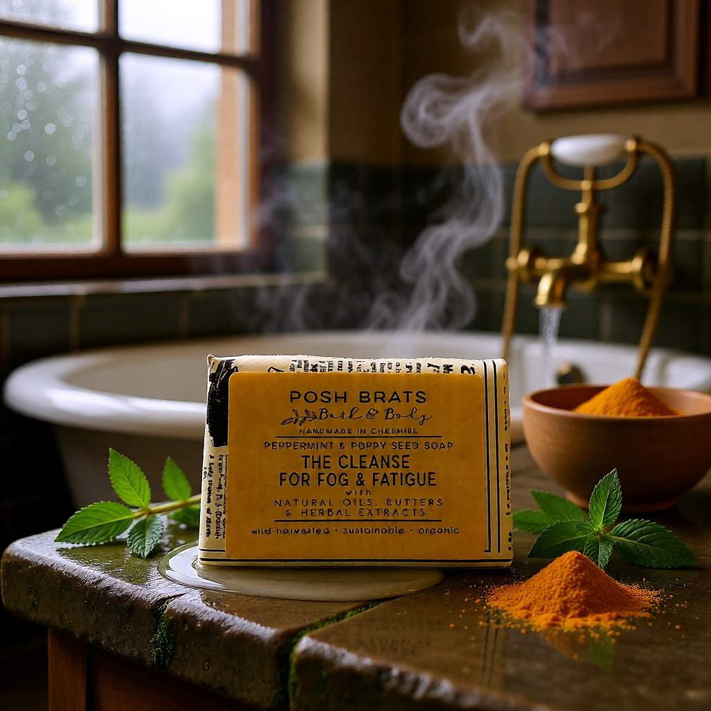 Bar of soap with packaging on a stone surface in a bathroom setting