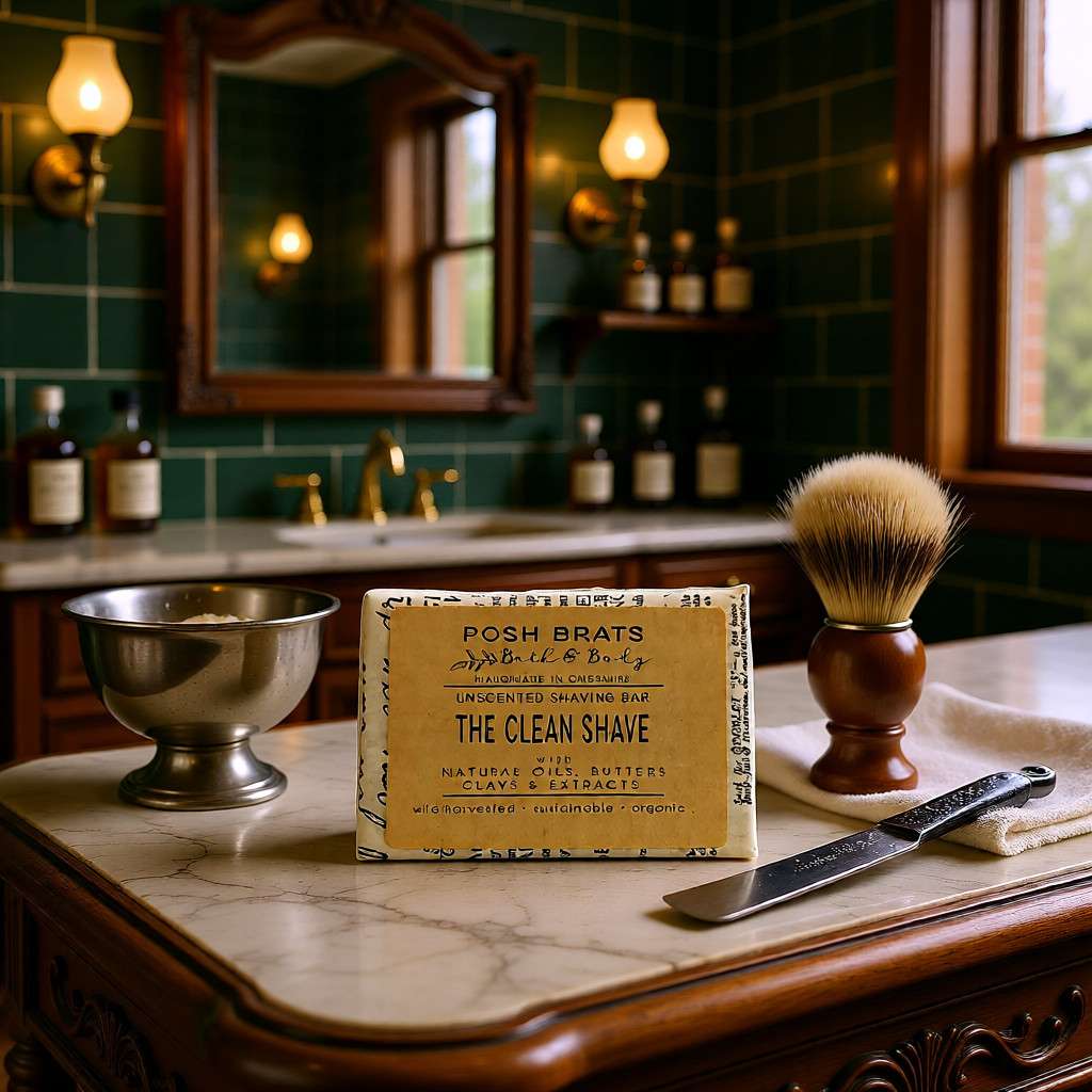 Shaving products including a bar of soap, brush, and bowl on a marble countertop with a green tiled wall background.