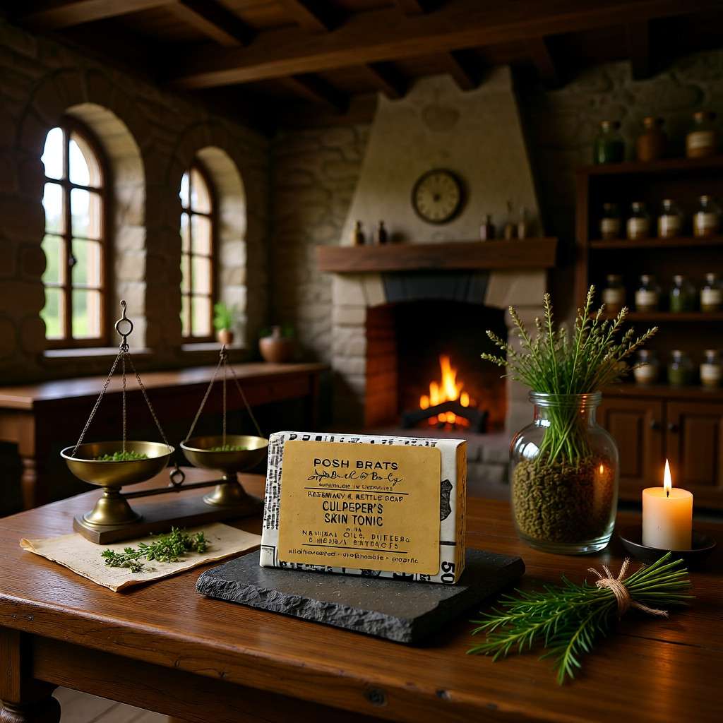 Herbal product packaging on a wooden table with a warm, rustic background