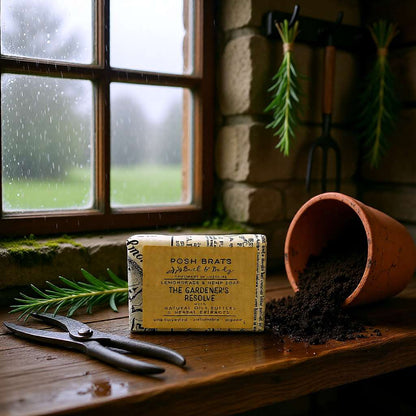 Bar of soap with a label on a wooden surface next to a window with raindrops, a pot, and gardening tools.