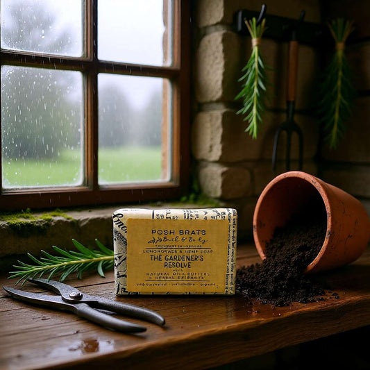 Bar of soap with a label on a wooden surface next to a window with raindrops, a pot, and gardening tools.