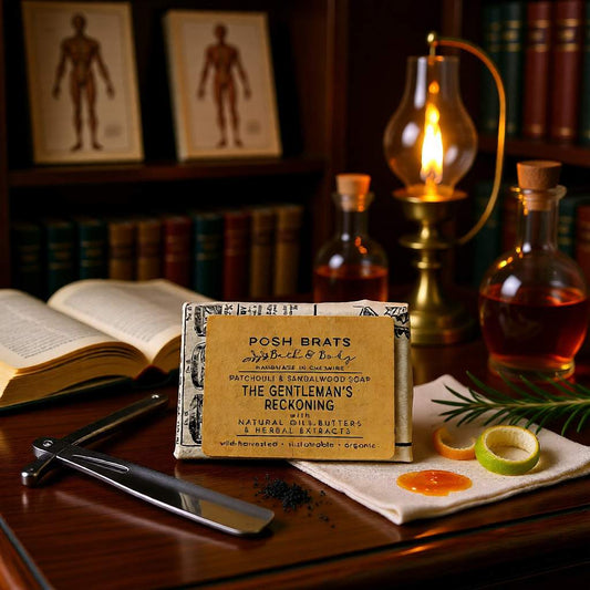 Card with product details on a wooden surface with bottles and a lamp in the background