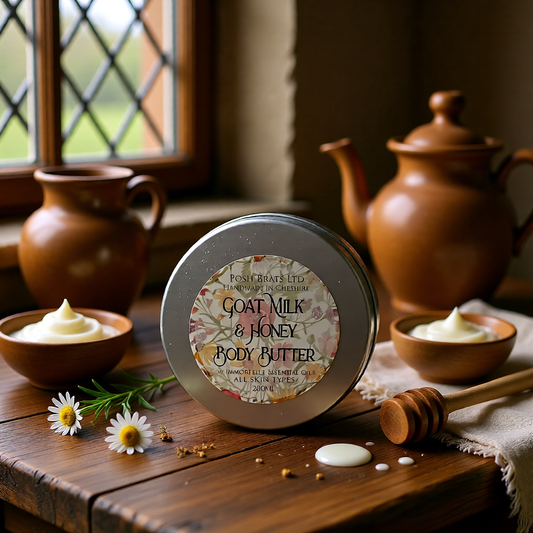 Goat Milk & Honey Body Butter on a wooden surface with rustic background